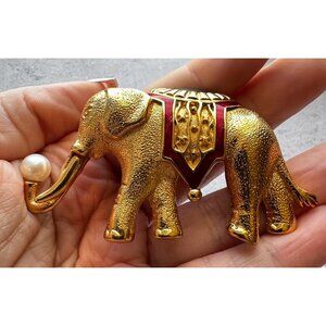 Vintage Monet Elephant Brooch Pearl Trunk Gold Tone Red Enamel 3.25"